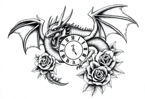 Horror dragon tattoo with cancer zodiac sign, roses and clock on background tattoo idea