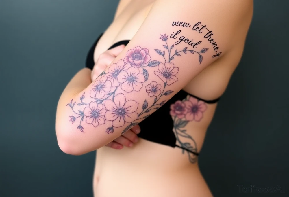 🌿 Right Arm Sleeve
	•	Top shoulder: “Soft but strong, kind but powerful.”
→ Wrapped with light olive vines
	•	Mid-arm: Peonies, lilies, tulips (your favorites)
→ Optional red ink in petal accents
	•	Lower arm/wrist: Vine wrap
→ Script: “Trust God”
	•	Style: Light, flowing, fine-line — NOT bold or filled-in

⸻

🌸 Spine Tattoo & Flow
	•	Already present floral spine tattoo
	•	New elements will connect from your sleeve, flow down from the right shoulder, lightly wrapping into your back
	•	Inspired by the reference with floral script diagonally across the spine
	•	Optional soft red ink details to enhance movement

⸻

🍑 Left Thigh + Butt
	•	Quote: “A garden of her own”
→ Placed on side of butt, flowing from lower back
	•	Floral extension down the thigh — tulips/peonies
	•	Minimal, romantic, fine-line

⸻

👣 Right Ankle
	•	Vine wrap with script: “walk in grace”
→ Placement wraps side ankle or above heel

⸻

✨ Left Arm Details
	•	Inner upper arm (2 stacked lines):
“She is clothed in strength and dignity.”
“…and laughs without fear of the future.”
	•	Lower outer arm: Number 7 (simple, small fine-line)
	•	Hand near thumb: “Godspeed” in thin cursive tattoo idea