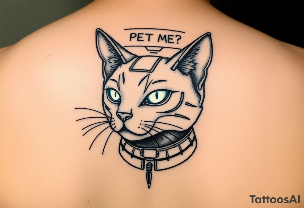 Cybernetic Cat with a Holographic CollarA sleek, cyberpunk cat with one glowing eye and mechanical enhancements.A floating AR display above its head showing "PET ME?"Whiskers made of thin fiber-optic cables. tattoo idea
