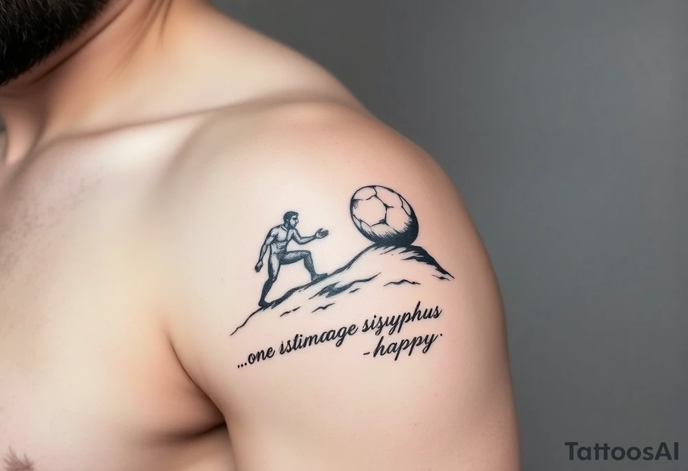 I want to get a tattoo. Unsure of where so give me ideas. It’s centered around the myth of Sisyphus and need help with how to design it. But I know I want it to resemble the story so maybe a man pushing a boulder up a hill with a couple other tiny details. Then I want the words from the quote “one must imagine Sisyphus happy.” I want ideas for a design that will encapsulate the story of Sisyphus tattoo idea