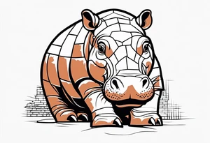 Hippopotamus creating a brick wall tattoo idea