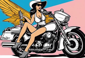 Sexy, feminine, gangster girl hoding a 32 cal. Tomcat in 1 hand & lighting a cig w the other angel/devil, riding a cbr600rr silver, mason symbol, "cowboy up" handwriting, tattoo idea