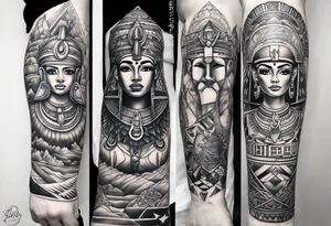 a mix of egypt and dubai, skateboarding, scuba diving, the word family and present arm sleeve. tattoo idea