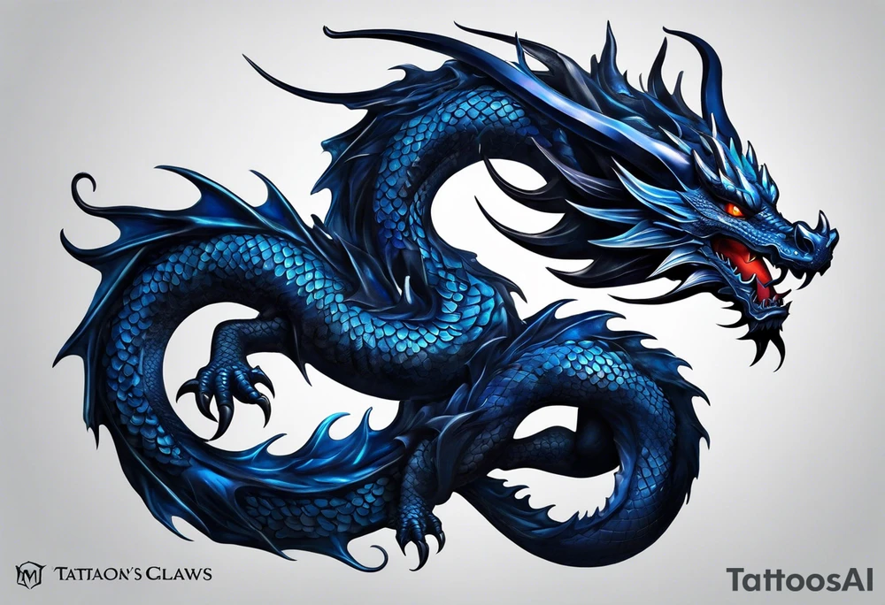 An epic floating dragon. Its long body coiling dynamically, with scales and horns detailed to create a sense of movement and strength. The dragon's main color is midnight blue, giving a vibrant depth and a mystical aura. This tattoo highlights the dragon’s fierce expression and sharp claws. tattoo idea