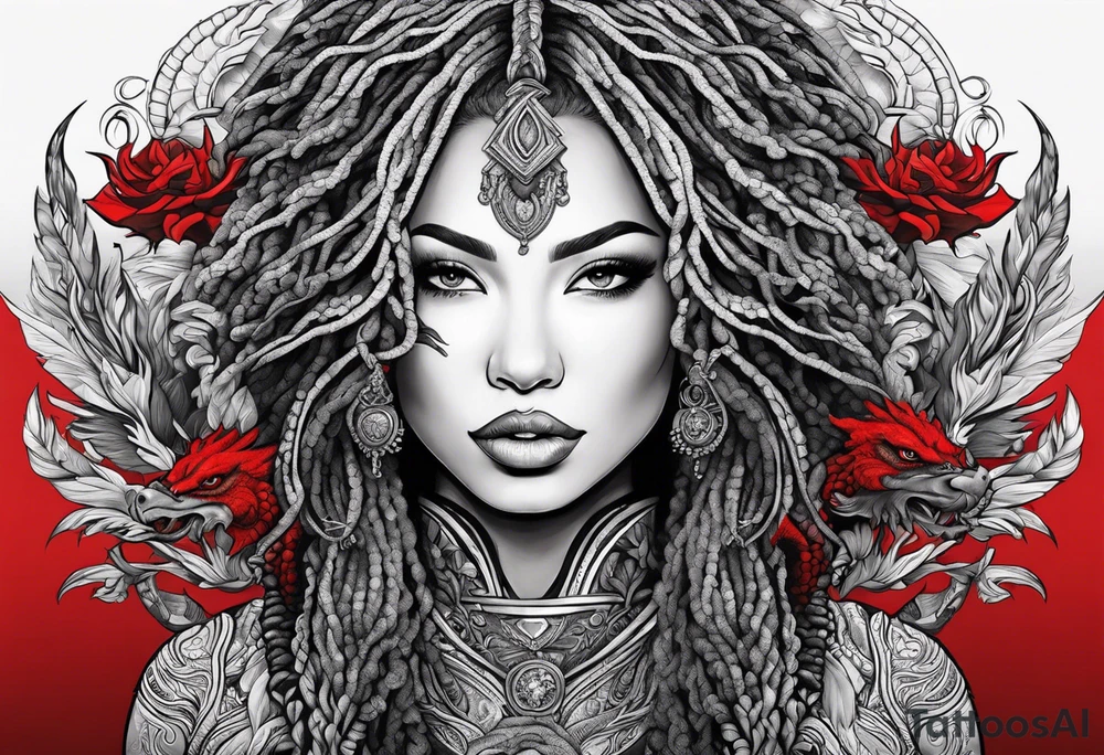 Woman with locs and red dragon in background tattoo idea