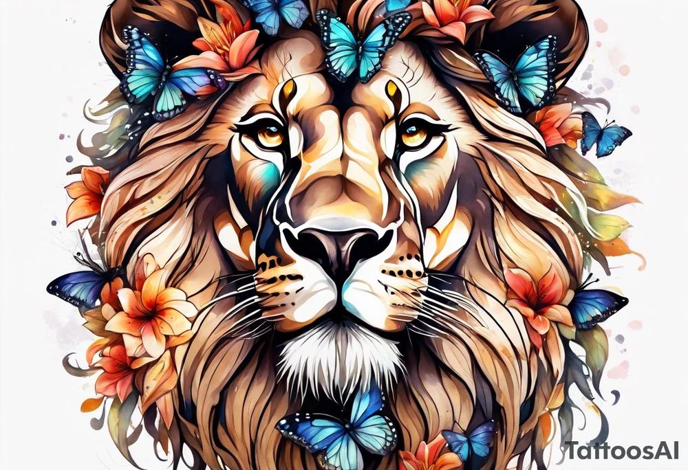 African lion covered in lilies butterflies crown main made of feathers tattoo idea