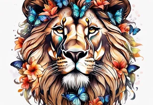 African lion covered in lilies butterflies crown main made of feathers tattoo idea