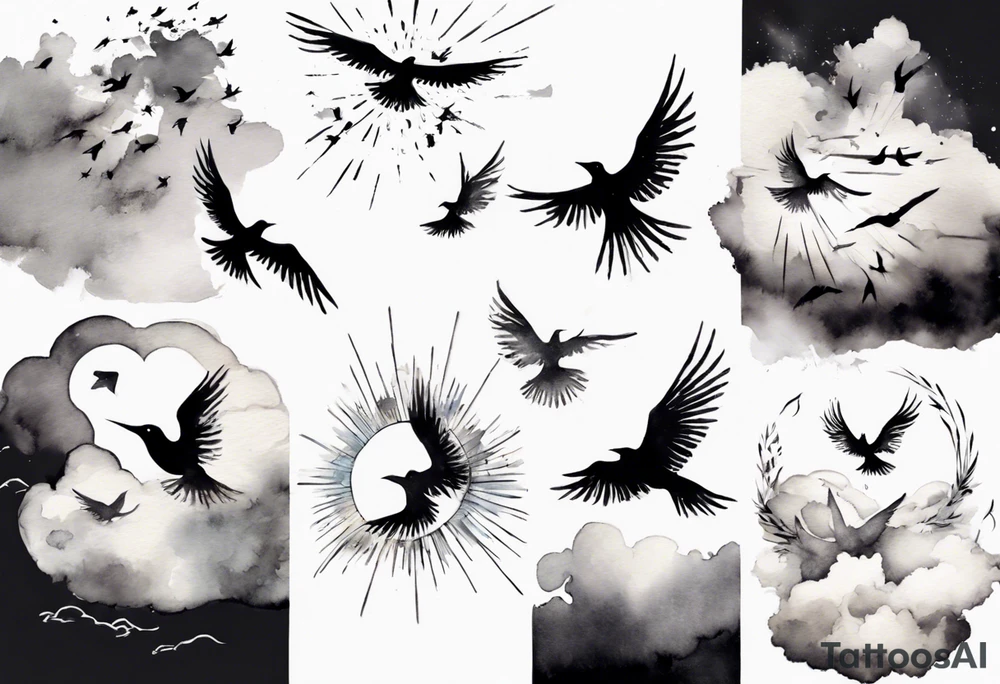 a shoulder tattoo with rays of light, clouds and birds flying free tattoo idea