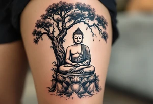 Buddha Sitting in Meditation – The iconic seated posture under the Bodhi tree, in soft sepia, black and gray, or gold ink. tattoo idea