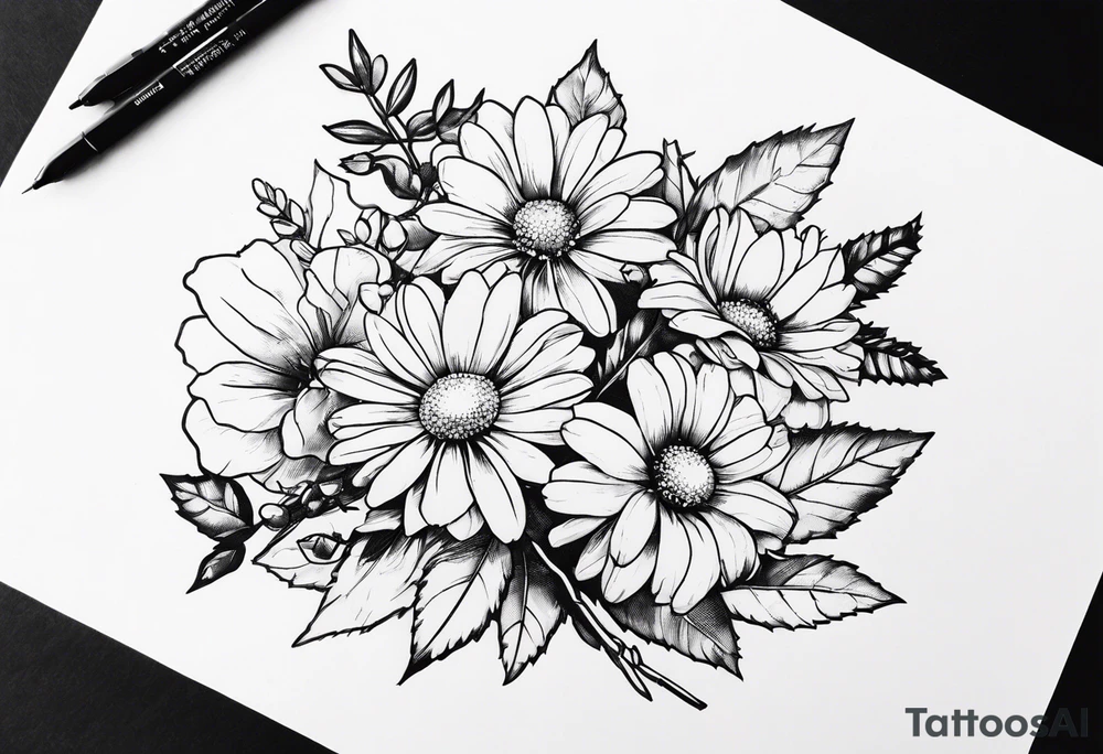Daisy, rose, holly flower handheld 
bouquet tattoo idea