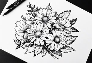 Daisy, rose, holly flower handheld 
bouquet tattoo idea