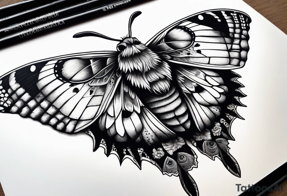 Dead head moth with long wings and owl eyes tattoo idea