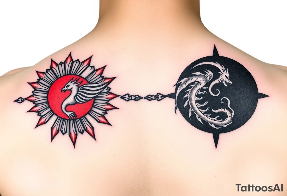 Ultra-thin black and red tattoo band, Greek meander pattern with neo-tribal spikes. Left: red sun with angular phoenix. Right: black moon with dragon-ouroboros. Hidden Bagua trigrams. Clean line art, seamless repeat, NO background tattoo idea