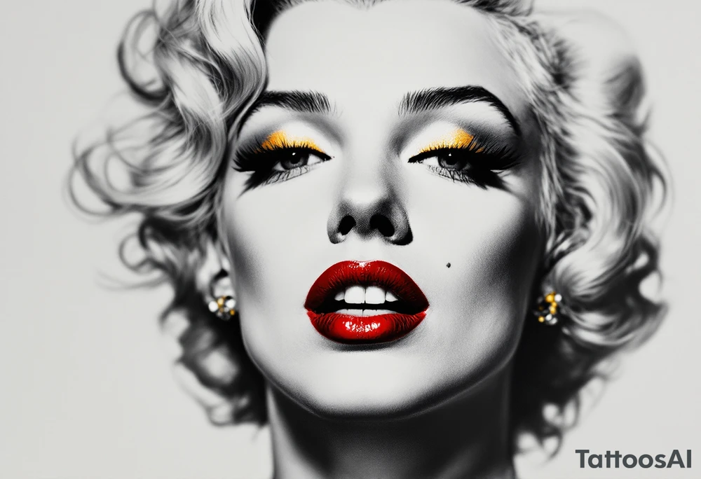 Realistic close-up of Marilyn Monroe face in grayscale with vivid red lips and golden eyeshadow. tattoo idea