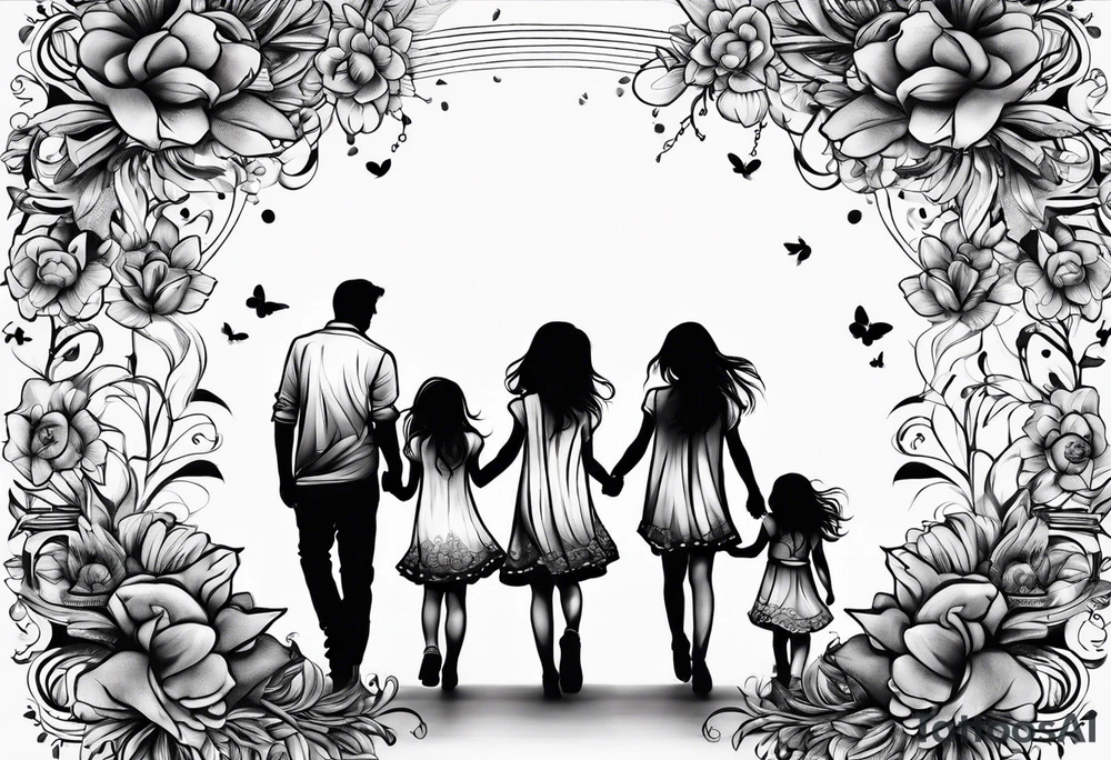 Three  Little girls and  dad and holding hands tattoo idea