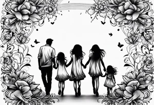 Three  Little girls and  dad and holding hands tattoo idea