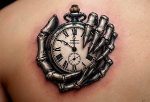 A monochrome skeleton hand holding a ticking pocket watch with gold highlights, "memento mori" engraved across the watch face. tattoo idea