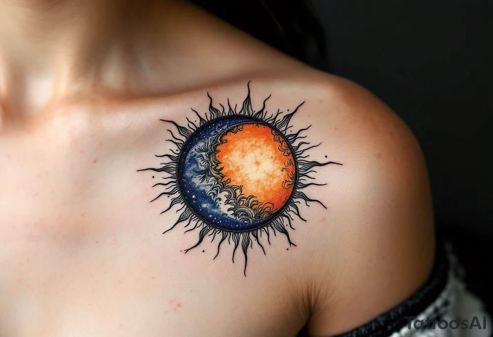 A sun-and-moon fusion circle in warm orange and cool indigo with fine line detailing. tattoo idea