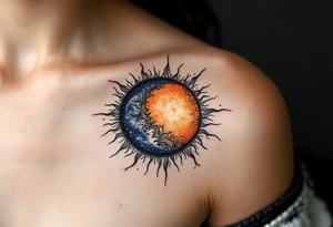 A sun-and-moon fusion circle in warm orange and cool indigo with fine line detailing. tattoo idea