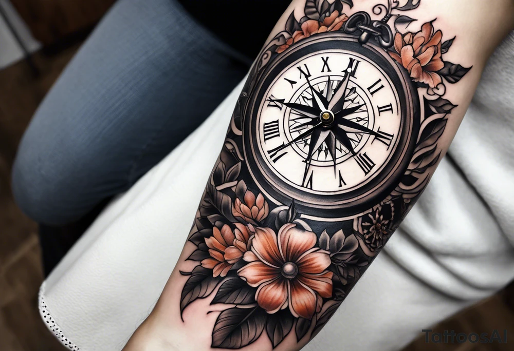 combination of a floating nautical compass and a old school clock face, and a doctor bird and tree of life and decorated with lignum vitae flowers, 3/4 sleeve on arm, flowing down the arm tattoo idea