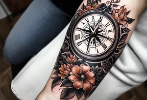 combination of a floating nautical compass and a old school clock face, and a doctor bird and tree of life and decorated with lignum vitae flowers, 3/4 sleeve on arm, flowing down the arm tattoo idea