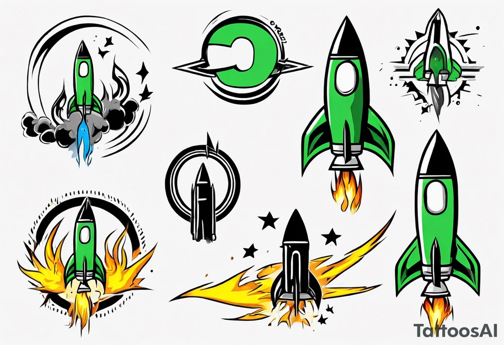Simple cartoon rocket in green, gray, yellow, blue

Fire coming out the rocket

Black ring around the rocket with 26.2 written at the 10 o'clock position tattoo idea