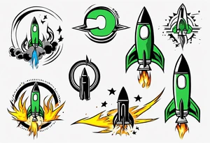 Simple cartoon rocket in green, gray, yellow, blue

Fire coming out the rocket

Black ring around the rocket with 26.2 written at the 10 o'clock position tattoo idea