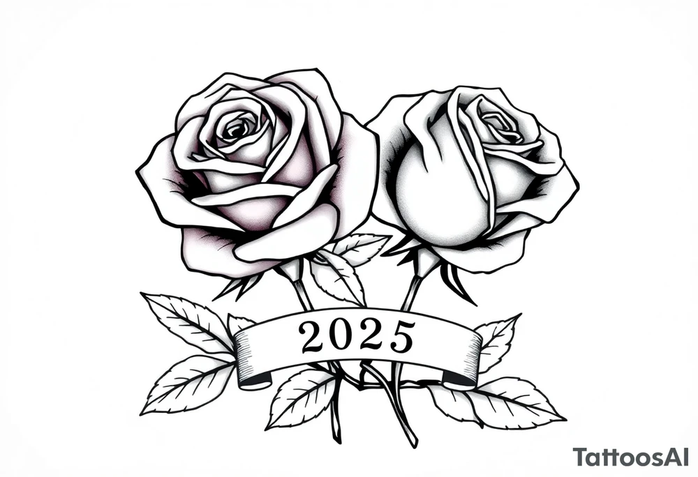 two beautiful large rose buds, one larger than the other, with many leaves next to the rose buds, with one sitting slightly higher than the other, side-by-side.  Include a banner connecting the two roses with the year 2025 on it.   Use dark outlines with little shading. No stems tattoo idea