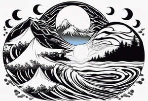 daytime yin with sun and ocean waves imagery in style of Hokusai with night time yin with moon and fir trees and mountains. edges should be blurred tattoo idea