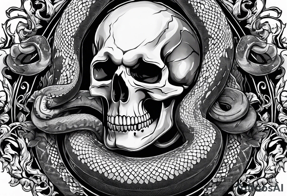 snake sleeve tattoo with skull, snake as focal point, with the word Hydra on it tattoo idea