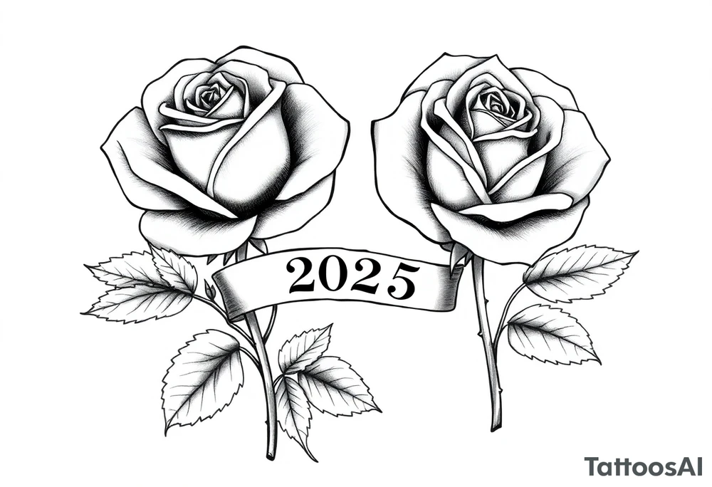 two beautiful large rose buds, one larger than the other, with lots and lots of leaves next to the rose buds, with one sitting slightly higher than the other, side-by-side.  Include a banner connecting the two roses with the year 2025 on it.   Use dark outlines with little shading. Remove all stems from the roses. tattoo idea