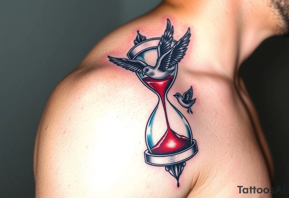 An Hourglass with Sand Turning into Birds(only red , blue and black are possible colors) tattoo idea