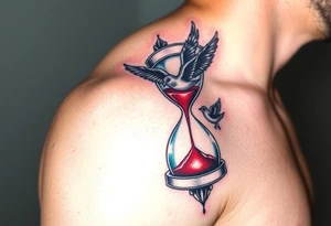 An Hourglass with Sand Turning into Birds(only red , blue and black are possible colors) tattoo idea