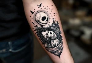 jack skellington with dog,smoking a blunt and fishing,surrounded by city buildings,golden gate bridge, birds, palm trees, tattoo idea