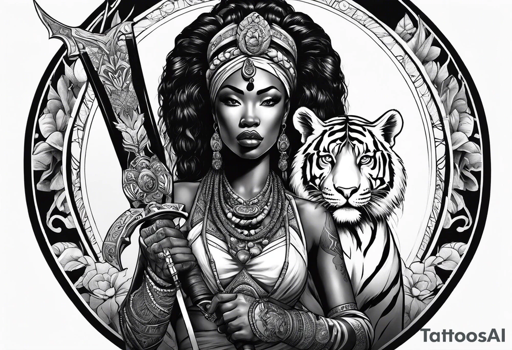 African goddess with sword in hand and tiger Japanese traditional style full sleeve tattoo tattoo idea