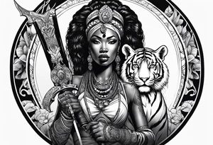 African goddess with sword in hand and tiger Japanese traditional style full sleeve tattoo tattoo idea