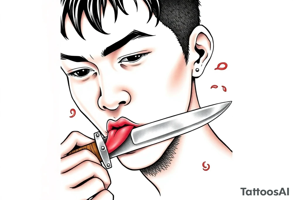 Handsome Asian young guy is licking a ritual knife tattoo idea