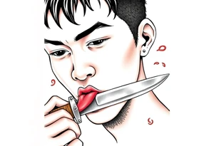 Handsome Asian young guy is licking a ritual knife tattoo idea