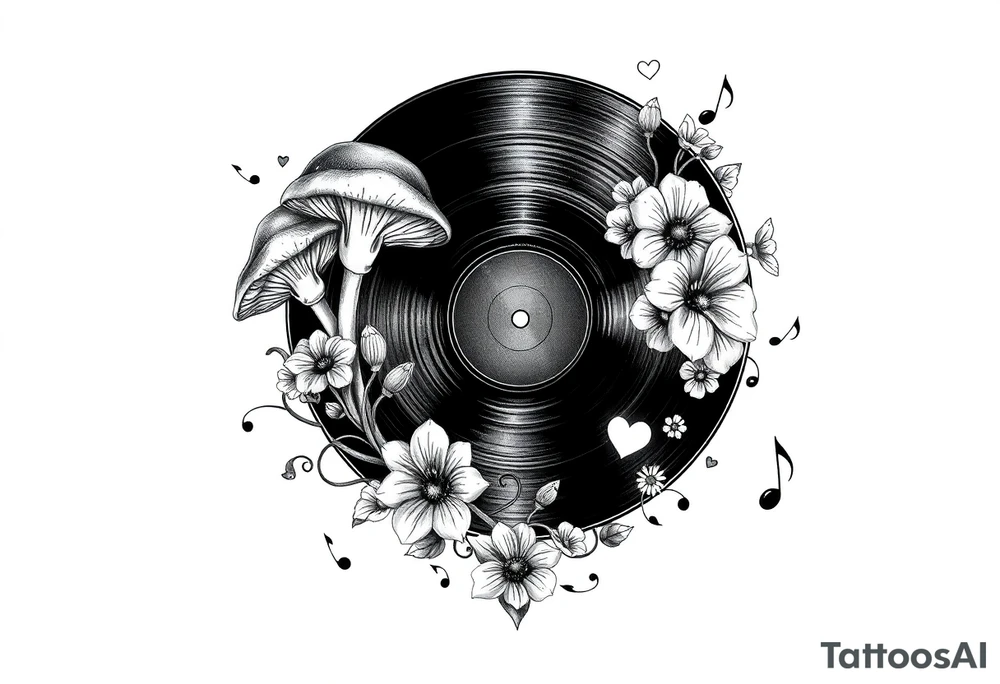 vinyl record with mushrooms, flowers, hearts, and music notes tattoo idea