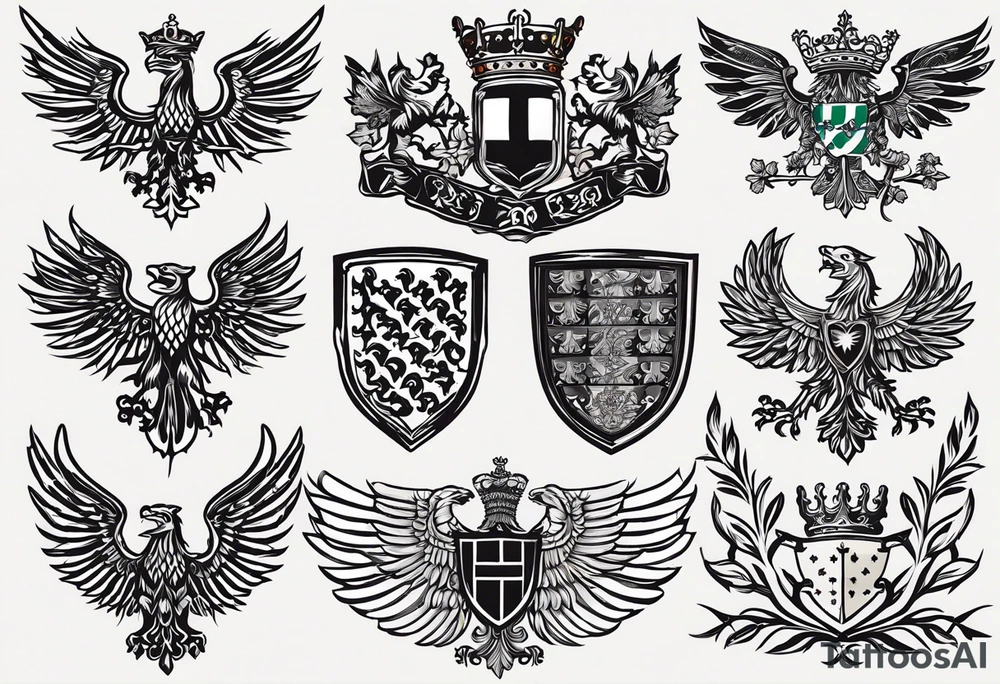 Merge the heraldic elements of england, northern ireland, ireland, scotland, wales, germany, croatia, serbia, slovakia, slovenia, and czech republic intertwined in a harmonious and elegant manner. The design should be symmetrical and suitable for a shoulder placement. tattoo idea
