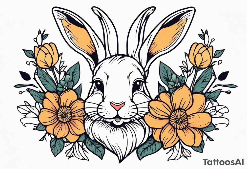 Rabbit head and flowers tattoo idea