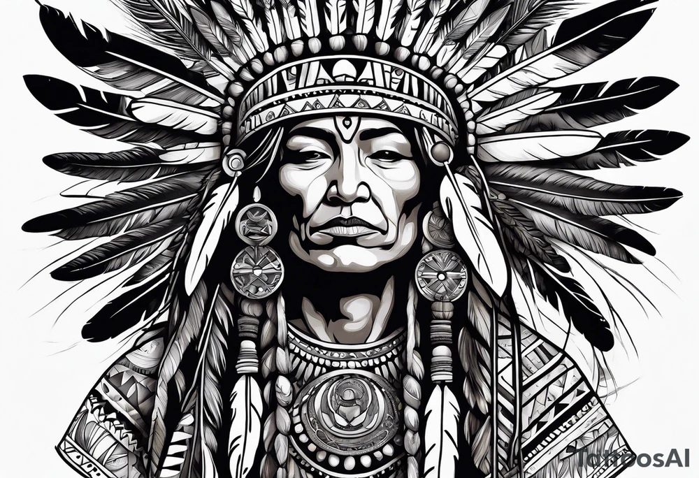 Native American wearing Headress Bones Praying tattoo idea