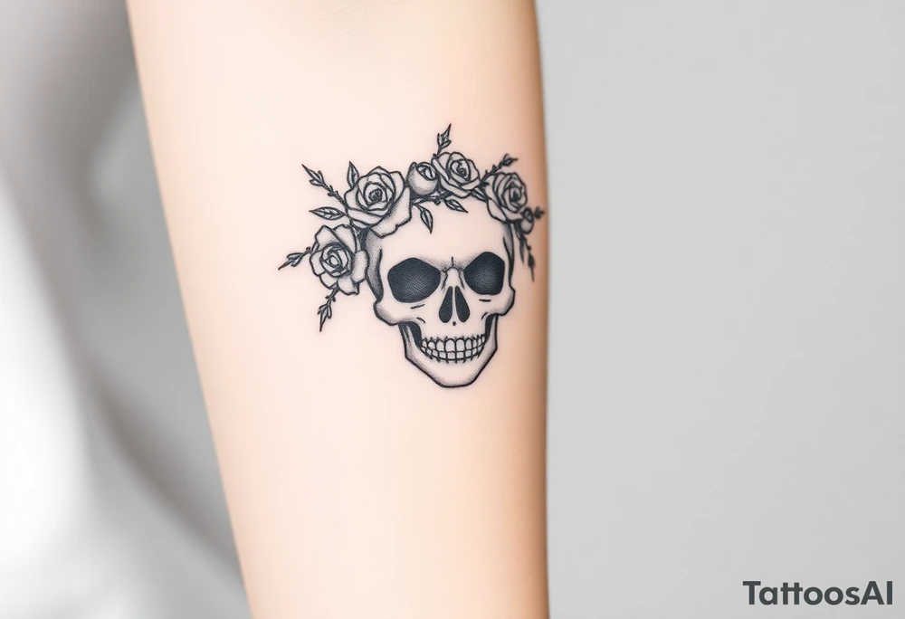 ornate skull adorned with crown of wild roses and thorns tattoo idea