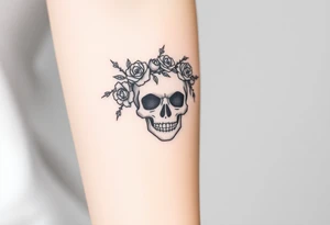 ornate skull adorned with crown of wild roses and thorns tattoo idea