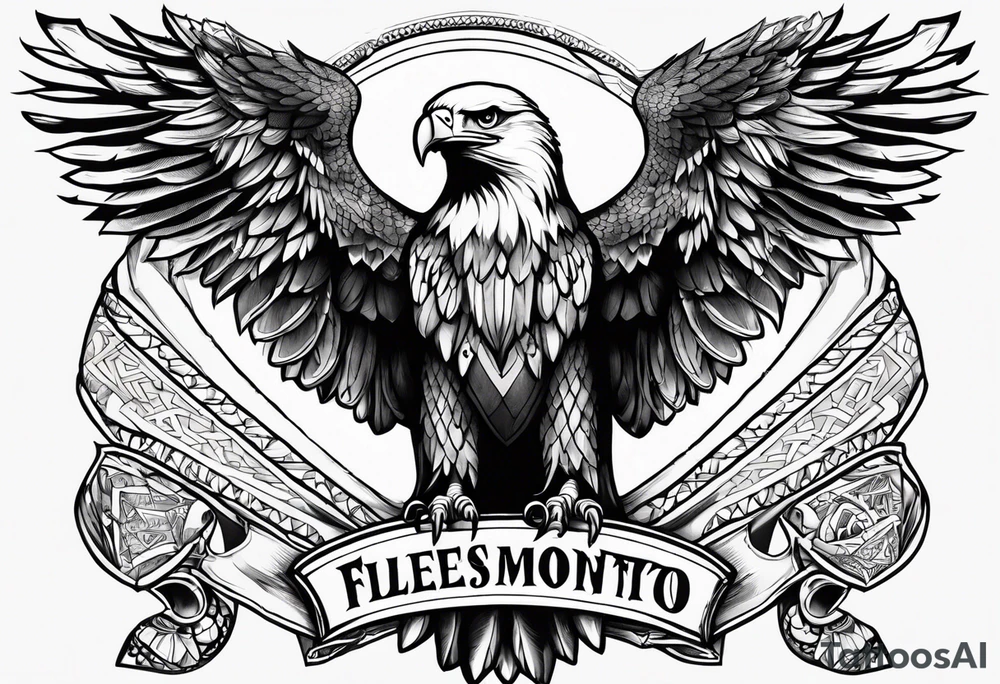 An eagle holding a banner  that reads flectere si nequeo supros acheronta movebo tattoo idea