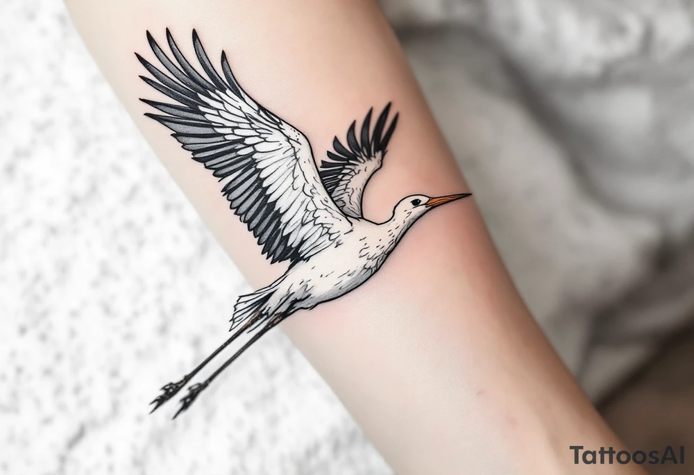 A stork in flight with a blue or pink bundle symbolizes birth and a mother’s journey beginning. tattoo idea