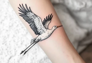 A stork in flight with a blue or pink bundle symbolizes birth and a mother’s journey beginning. tattoo idea