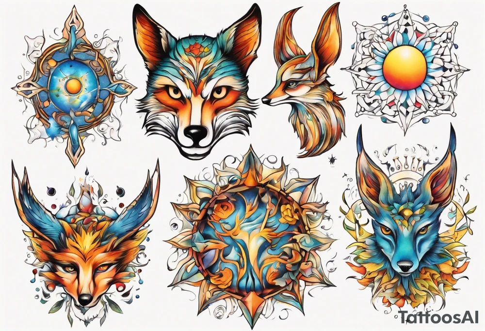 fisch, fuchs und eule , symetrie  sonne, universum, bunt, " sapere aude" tattoo idea