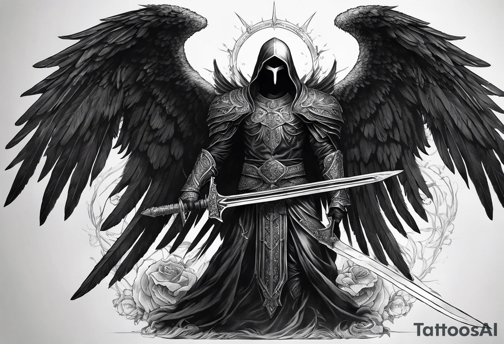 realistic full body of black angel of death, no face, face is not visible, with wings holding one sword in both hands, the sword is held edge toward the ground tattoo idea