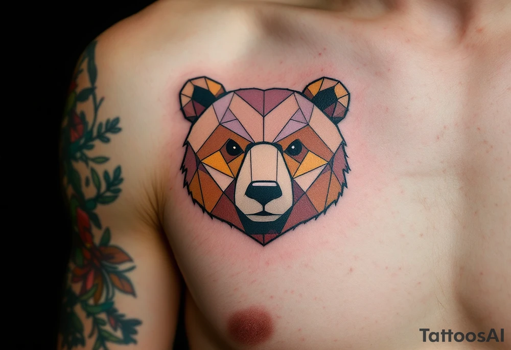A tiny geometric-style bear on left pack in forest colors with “Papa Bear” etched into the fur. tattoo idea